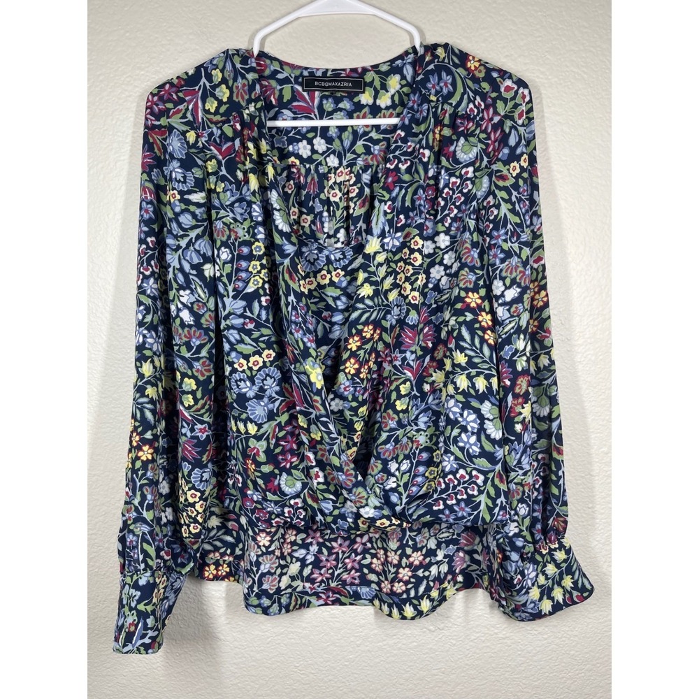 BCBGMAXAZRIA Floral Print Long Sleeve Navy Blue Blouse Top Size XXS cottage